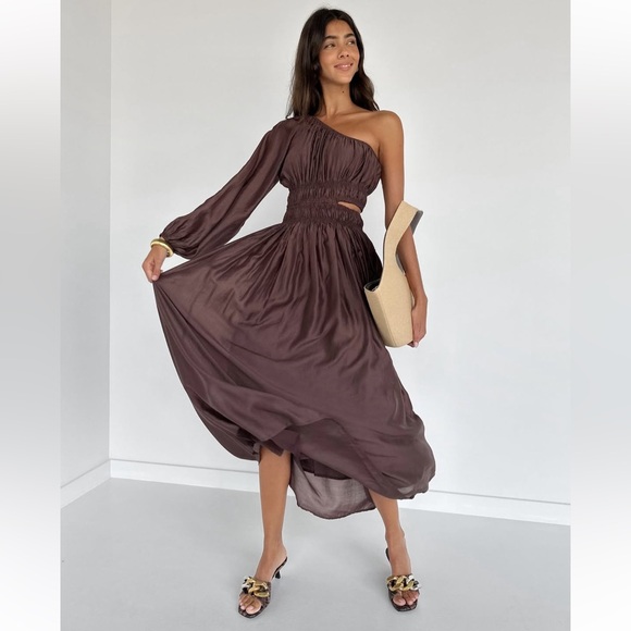 TUCKERNUCK | Moon River Exclusive Chocolate One Shoulder Midi Maxi Cut Out Dress - Picture 1 of 15